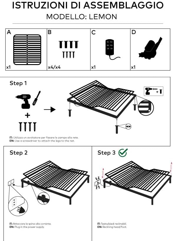EvergreenWeb - Sommier électrique 120x190 cm orthopédique motorisé Lattes en Bois Moteur 4 Zones inclinables + 1 Fixe,régulateurs de rigidité dans la Partie Lombaire, amortisseurs- Lemon Électrique 120 x 190 cm