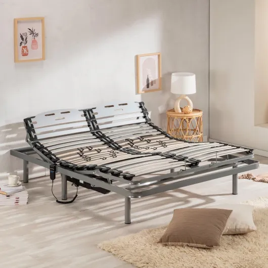 Sommier pour lit 150 x 190 cm avec Pieds ProCare, 11 Lattes en Bois de hêtre de 10 cm et Structure en Acier - Électrique articulé sur 5 Plans avec Commande et curseurs pour réguler la fermeté 150X190