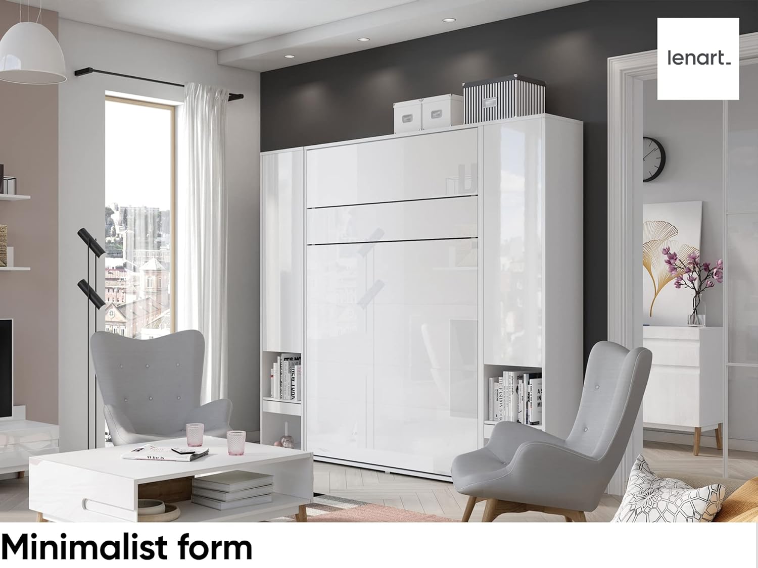 Lit Escamotable Bed Concept - Lit Pliant 1 Personne - Mural Rabattable - Armoire - Placard - Murphy Bed - BC-03-90x200cm Vertical - Blanc Mat 90x200cm Vertical Blanc Mat