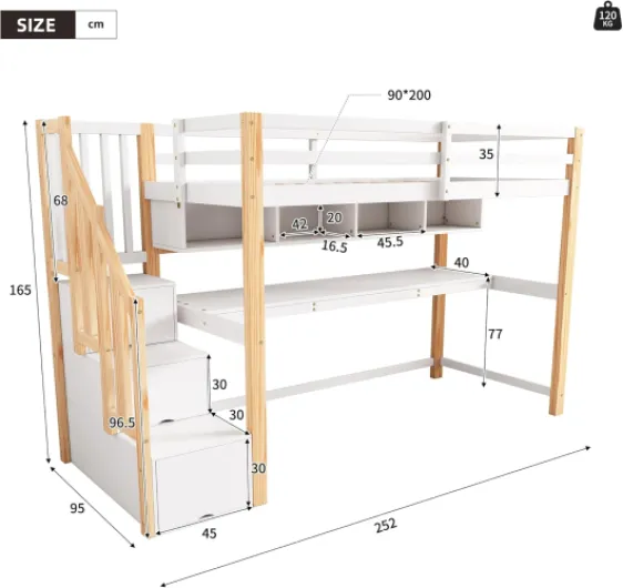 Sapgaks Lit superposé Enfant 90 x 200 avec Bureau et étagères,lit cabane Enfants 90 x 200,lit Mezzanine 1 Places avec Barriere,avec escalier de Rangement,Bois Massif + MDF Couleur Bois + Blanc
