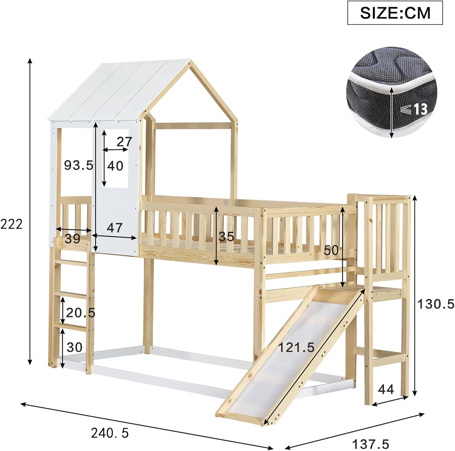 Sapgaks Lit cabane Enfants 90 x 200,lit superposé Enfant antichute,lit Mezzanine 2 Places,avec échelle à Angle Droit et Toboggan, avec Toit et fenêtre,et Grille,Structure en pin,Naturel Blanc Queen Naturel Blanc