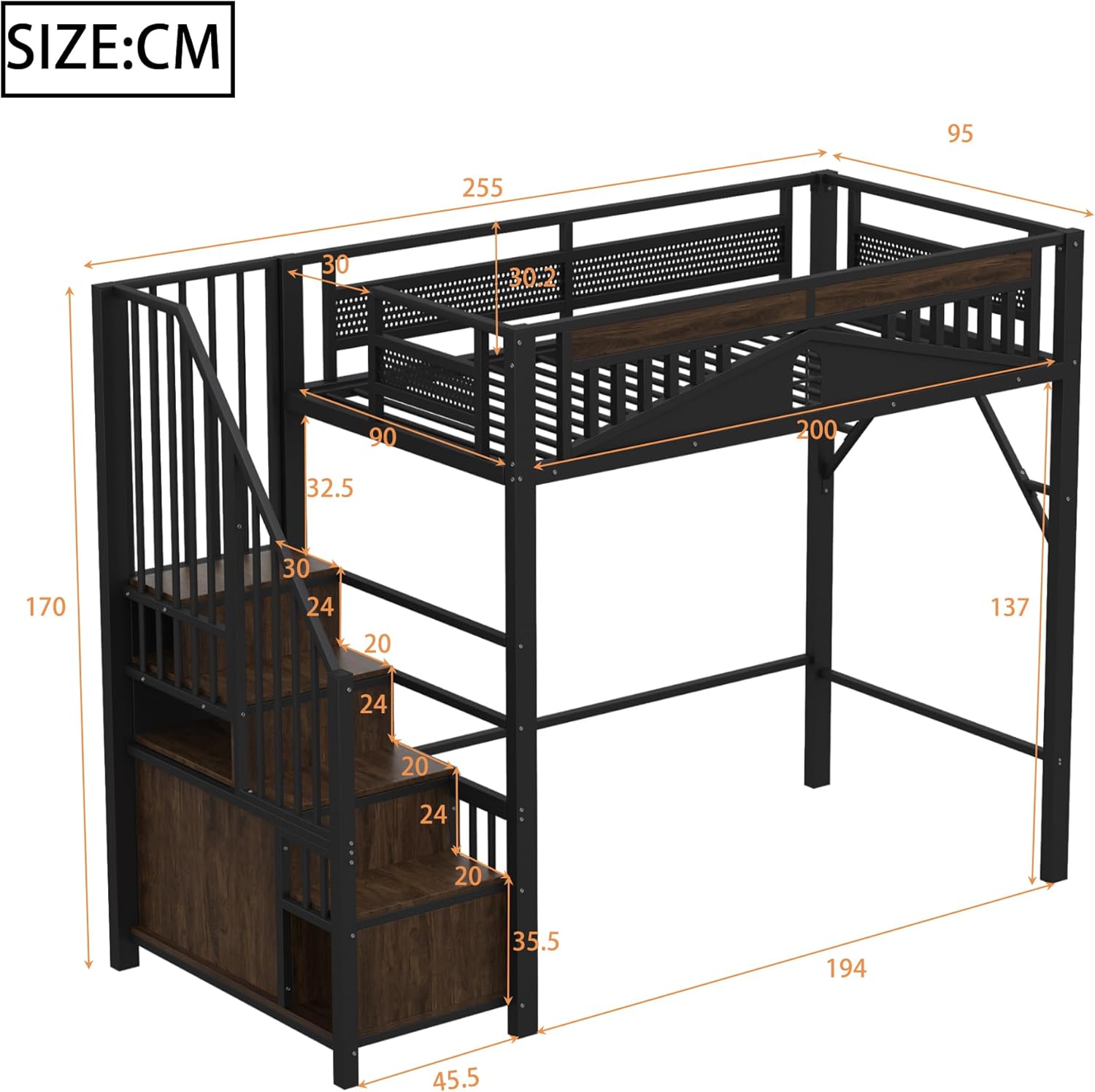 Lit Mezzanine en Métal 90 x 200 cm, Multifonctionnel Lit Mezzanine 1 Place avec Casier et Escalier de Rangement, Noir (sans Matelas et Bureau) 90 x 200 cm Noir avec Casier
