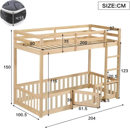 Lit Enfant, lit superposé Enfant, 90x200 cm, avec Espace de Rangement hydraulique, Style Chalet, avec fenêtre, barrière de sécurité, échelle Droite,sans Matelas (Natural-C, 90×200 CM) Natural-c 90×200 CM
