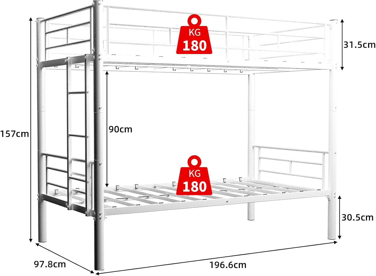 Lit Superposé Enfant Convertible 2 Lits, Lit Superposé 2 Places 90x190 cm Métal Étagenbett avec Échelle et Barrière Sécurité pour Fille et Garçon 90*190cm Blanc+ Fer-1