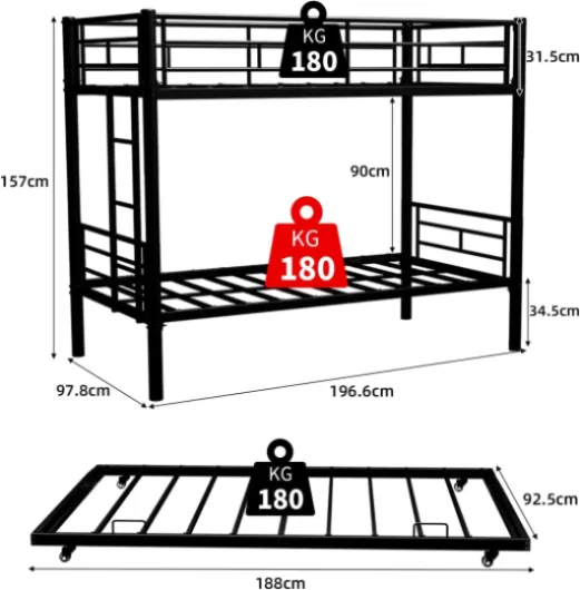 Lit Superposé avec Lit gigogne, Lit Superposé 90x190 2 Places, Lit avec Échelle de Sécurité, Convertible en 3 lit Simple, Lit superposé sans Matelas, pour Fille et Garçon(Noir)