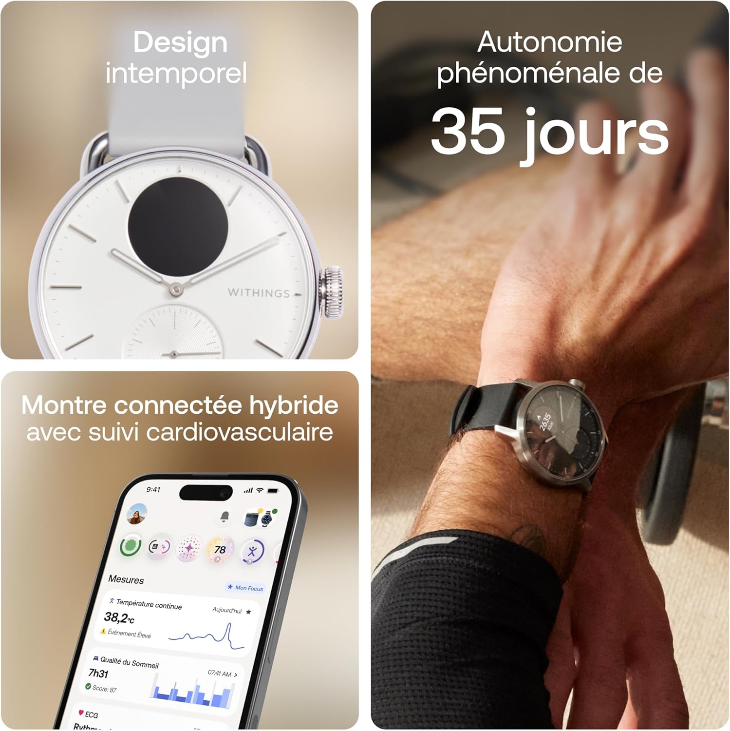 ScanWatch 2 - Montre connectée, ECG, SpO2, température, Suivi du Sommeil, santé respiratoire, activités, Calories, étanche, Batterie de 35 Jours, Android & iOS, 38mm, Blanc Blanc - SW2 - 38mm
