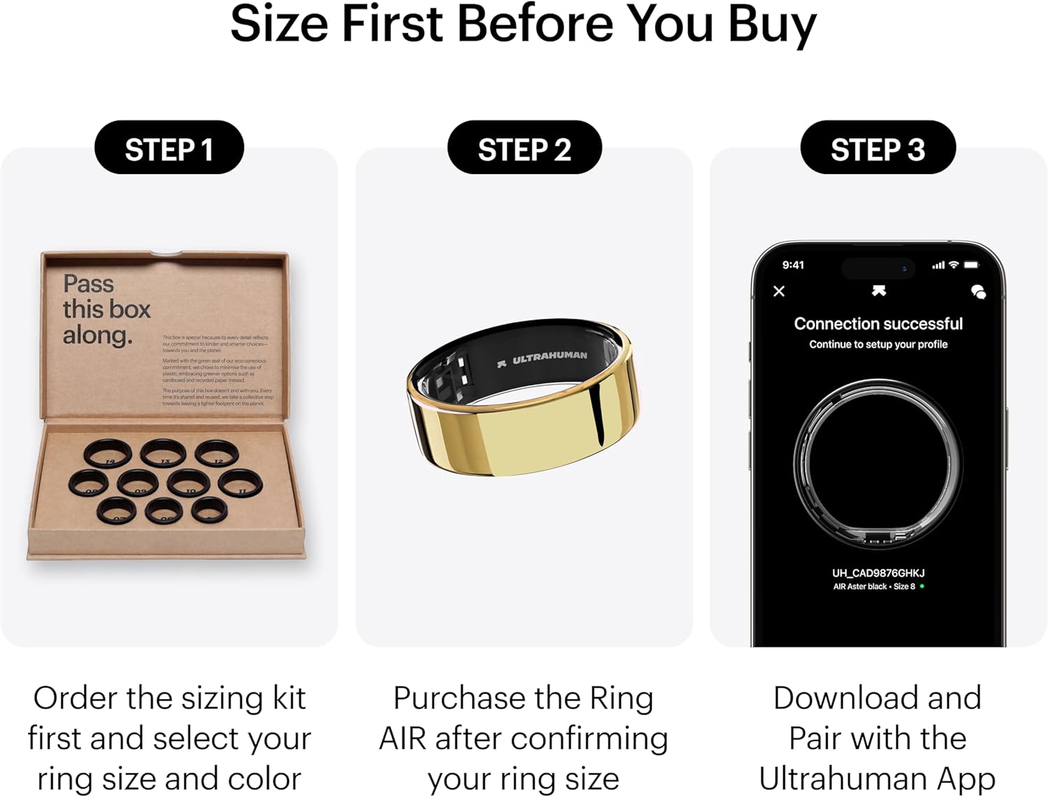 Ring AIR – Bague connectée de Suivi de santé, Choisissez d’Abord Votre Taille grâce au kit de Mesure ; Suivi du Sommeil ; Bague Intelligente pour Hommes et Femmes 8 Or Bionique