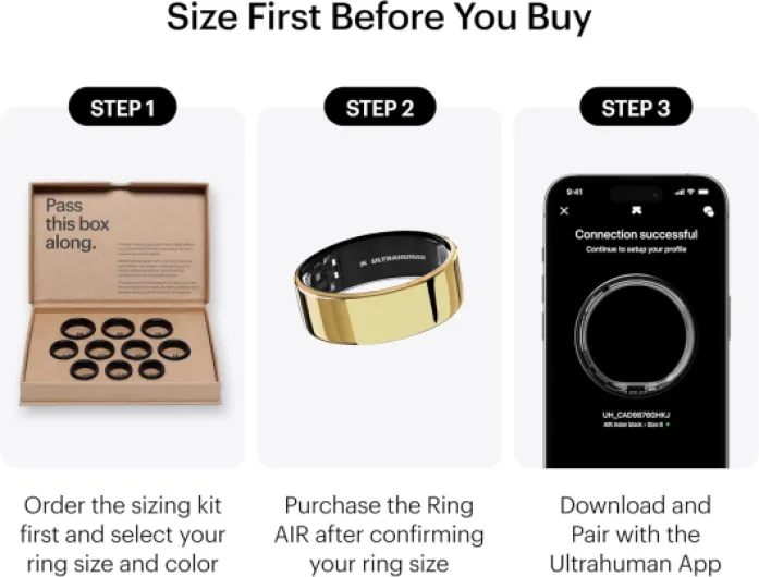Ring AIR – Bague connectée de Suivi de santé, Choisissez d’Abord Votre Taille grâce au kit de Mesure ; Suivi du Sommeil ; Bague Intelligente pour Hommes et Femmes 8 Or Bionique