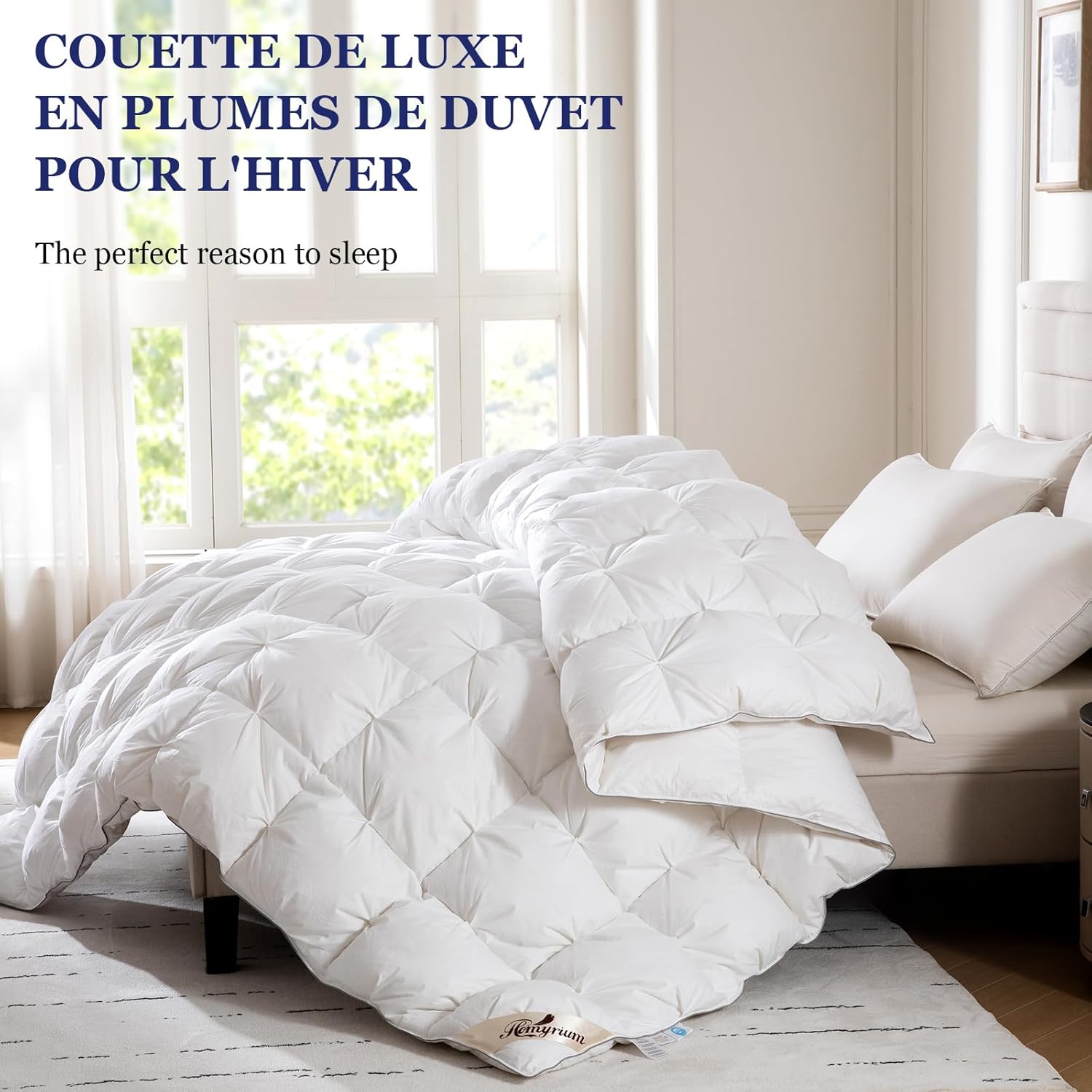 Homyrium Couette en Duvet 220x240 Couette Plume Naturelle Hiver Très Chaude Épais Garnissage 450g/m² 2 Personne Édredon 220x240 Enveloppe Coton, Lavable en Machine 220x240 cm Blanc