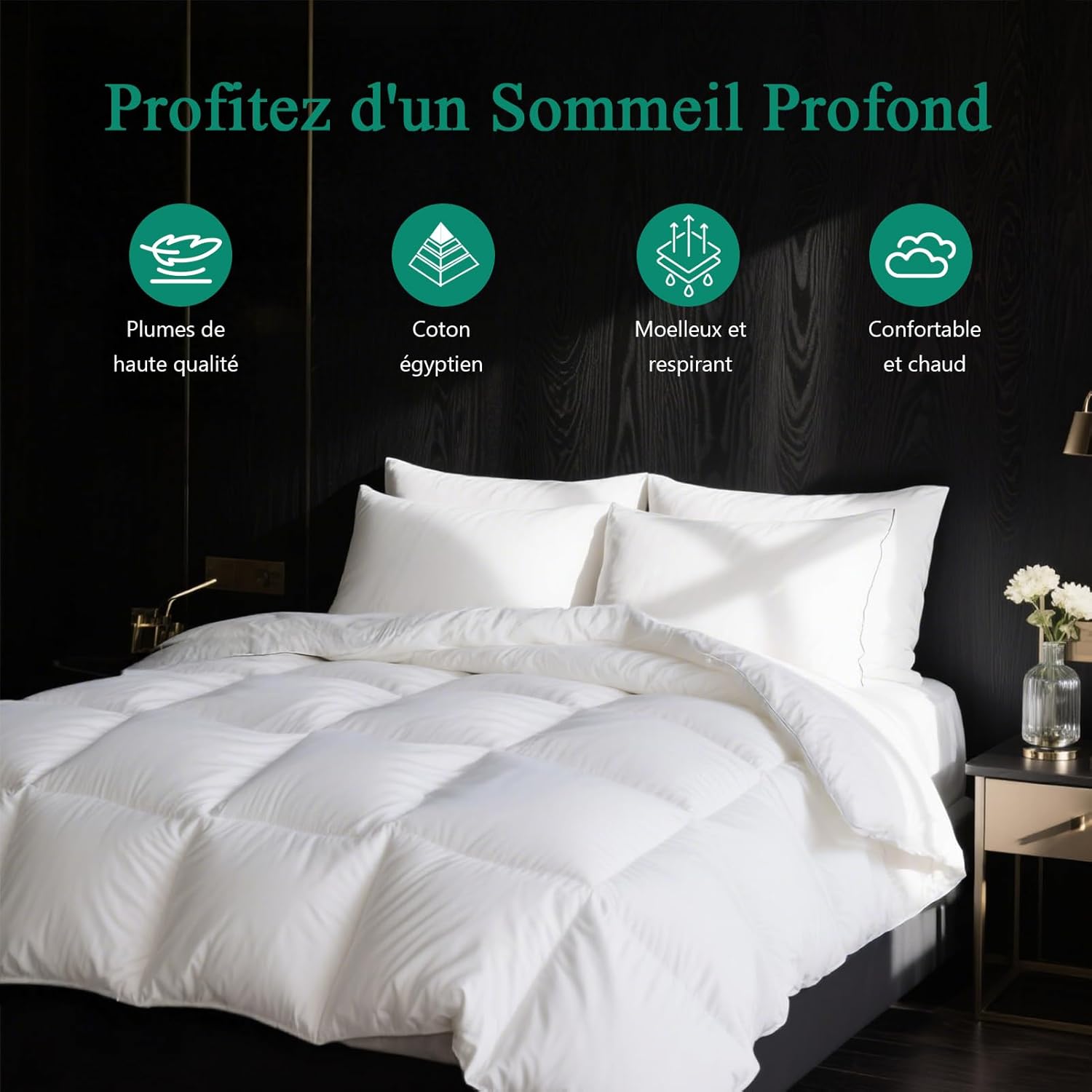 Couette 240x260 4 Saisons Duvet Plume et d'oie, 100% Coton Égyptien, Couettes Gonflante 2 Personne, Edredon Naturelles Certifiée RDS, Blanc 240x260 cm 240 x 260 cm Toutes Saisons