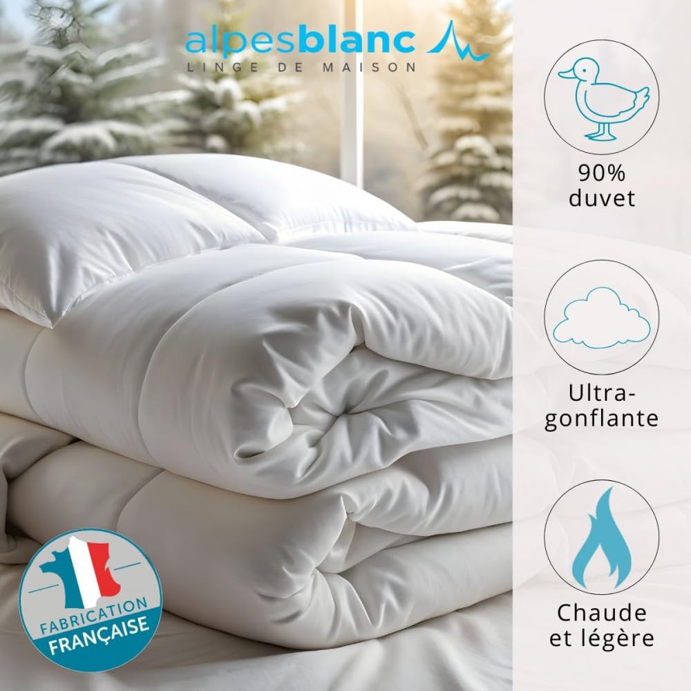 Couette Naturelle 90% Duvet Neuf - Enveloppe 100% Coton - 240x260cm - Fabrication française - 300GR/m² Chaude Légère Réspirante