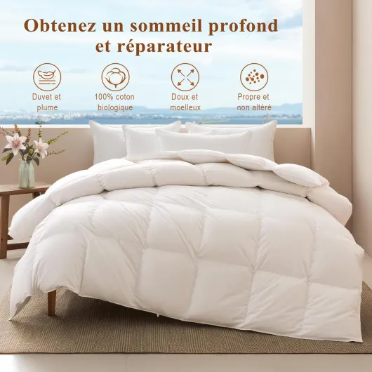 Couette 220x240 Légère en 50% Duvet et 50% Plumes, 100% Coton Bio Couette 2 Personnes Ultra Gonflante, Édredon Duvet d’été 220x240 Hypoallergénique, Certifié Oeko-Tex et RDS 220 x 240 cm Été