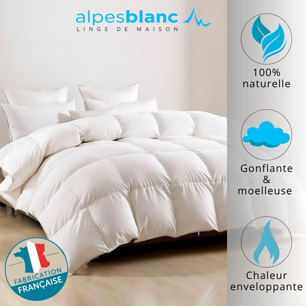 Couette Plume Premium Luxe Hiver 140x200 cm - Fabrication Française - Garnissage 100% Plumes et Duvet de Canard 360g/m² - Enveloppe 100% Coton 140 x 200 cm