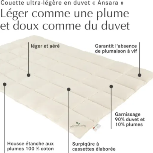 Test allnatura Couette légère en Duvet ANSARA 135x200 : une couette bien foutue pour ceux qui ont vite chaud