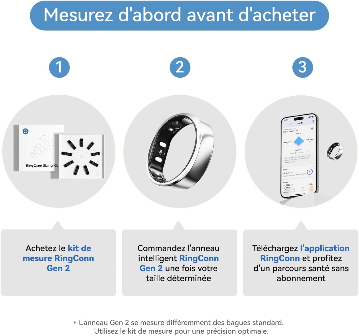 Gen 2 Smart Ring - Suivi de l’apnée du sommeil inédit - 12 jours d’autonomie - Suivi sommeil, fréquence cardiaque & stress - Santé féminine - Sans abonnement - iOS/Android (Argent, taille 11) 11 Argenté