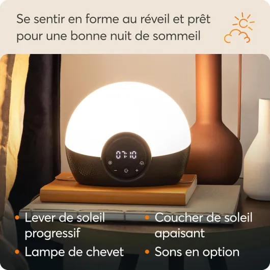 Bodyclock Glow 150 Réveil avec lumière Simulation de lever et coucher de soleil progressifs Lumière réglable 10 sons Nude, Noir