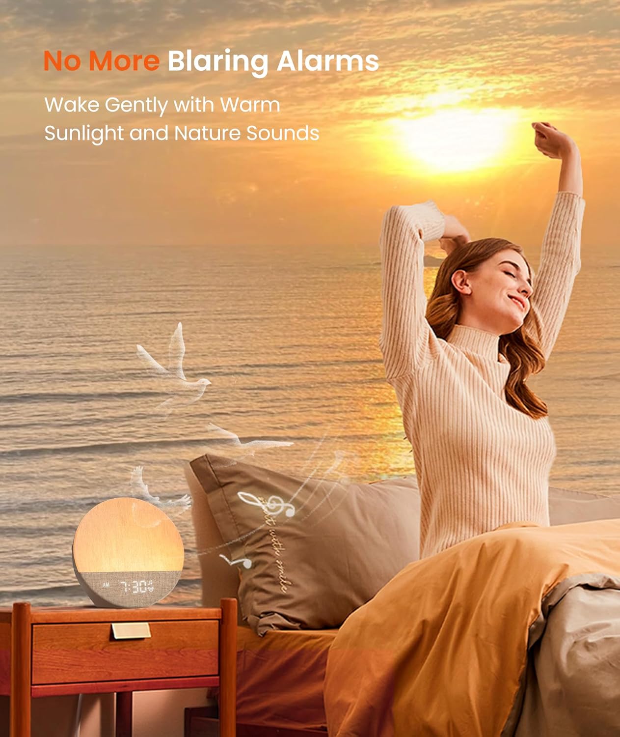 Sunrise 1 Reveil Lumineux Machine à Bruit Blanc 29 Sons Apaisants, Reveil Simulateur D'aube, Routines de Sommeil Personnalisables, Veilleuse à Intensité Variable, Reveil Lever de Soleil