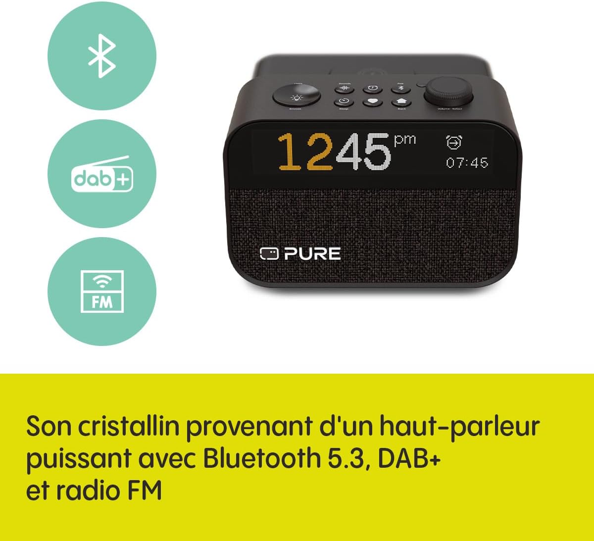 Pure Moment Charge – Réveil sans Fil, Dab+/FM, Bluetooth, Sons naturels, Bruit Blanc, Wake-up Light – Parfait pour Chambre et Bureau, Couleur Noir Wireless-Charger Noir