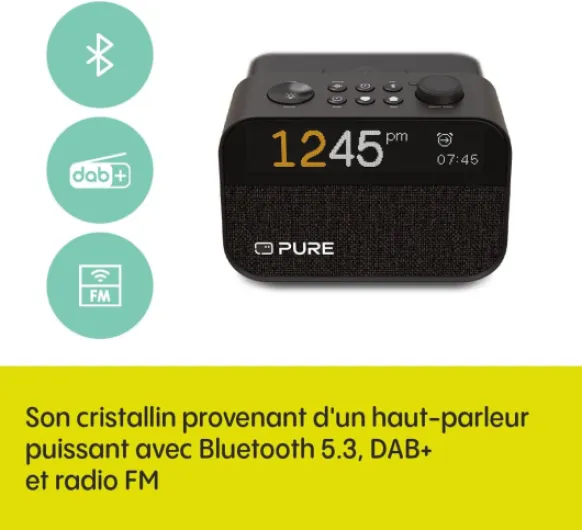 Pure Moment Charge – Réveil sans Fil, Dab+/FM, Bluetooth, Sons naturels, Bruit Blanc, Wake-up Light – Parfait pour Chambre et Bureau, Couleur Noir Wireless-Charger Noir