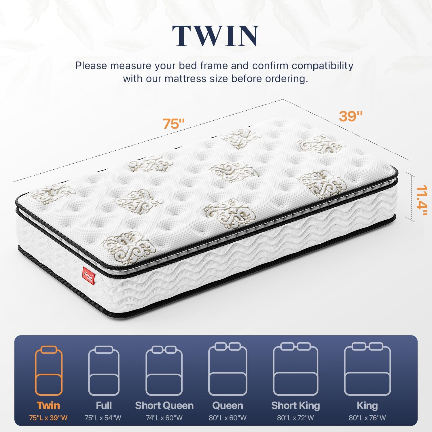 Jacia House Matelas hybride unisexe en mousse à mémoire de forme de 29,9 cm avec ressorts intérieurs et enveloppés indépendamment – Matelas à plateau-oreiller – Lit dans une boîte – Lit jumeau blanc Twin Blanc