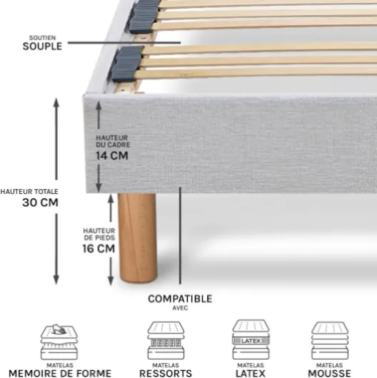 LITERIE - Sommier à Lattes en Bois avec Pieds CAPITOLE 90x190 cm Hauteur 30 cm - Cadre de lit Robuste Gris Clair - Montage Facile 90 x 190 cm Gris
