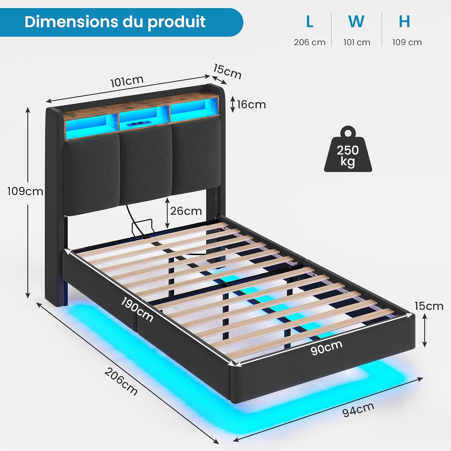 Lit Flottant 90×190 cm avec Multiprise (2 Prises, 1 USB-A, 1 USB-C) et Éclairage LED, Cadre de Lit 90x190 avec Sommier et Tête de Lit Rembourrée, Solide et Stable Lit 1 Personne, Lin Gris Gris 90x190cm