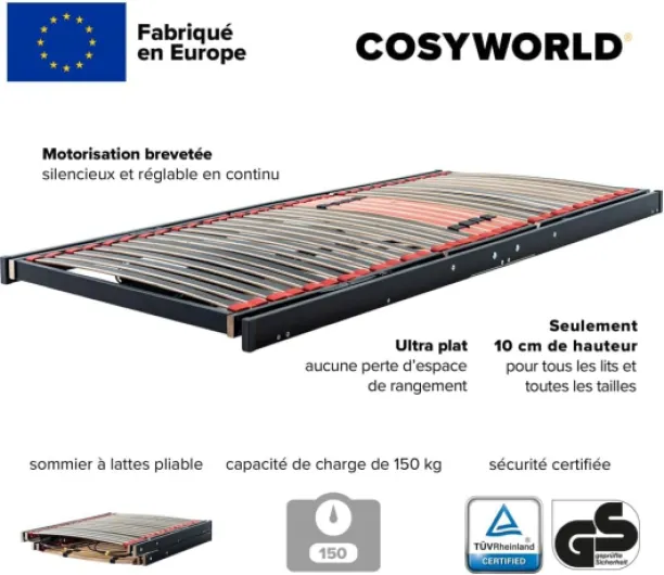 COSY2GO Sommier à Lattes 120x200 cm réglable électriquement - Cosy2Go 2M - adapté à Chaque lit - également à Tous Les sommier tapissier - 120x200 cm - Ultra-Plat, Pliable, adapté à Tous Les Matelas