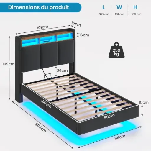 Test Brinlawb Lit Flottant 90×190 : un lit malin avec LED et prises pour chambre d’ado