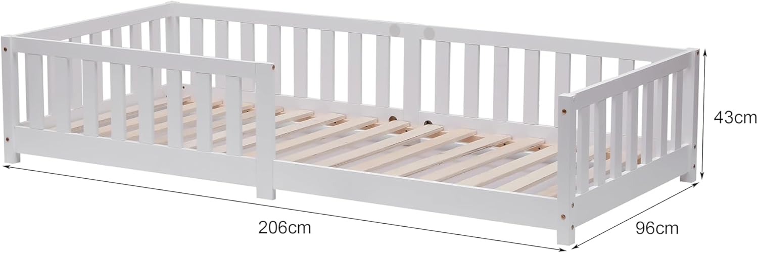 Ecomi Lit pour Enfant avec Barriere de Securite et sommier à Lattes - 90x200 cm - Blanc - Lit Enfant Bois de pin Massif (Blanc, 90x200 cm) 90 x 200 cm Blanc