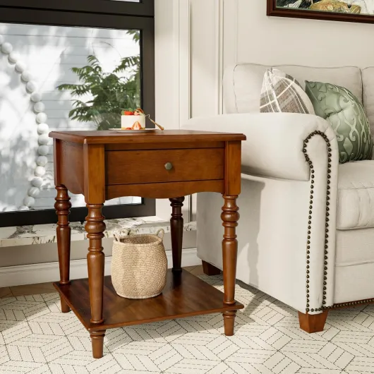 PADMA HOUSE Table d'appoint en Bois Massif avec tiroir et Plateau de Rangement, Table d'appoint Traditionnelle, Table de téléphone, Table de Chevet, Table Basse pour Salon (48 * 48 * 61) 48*48*61