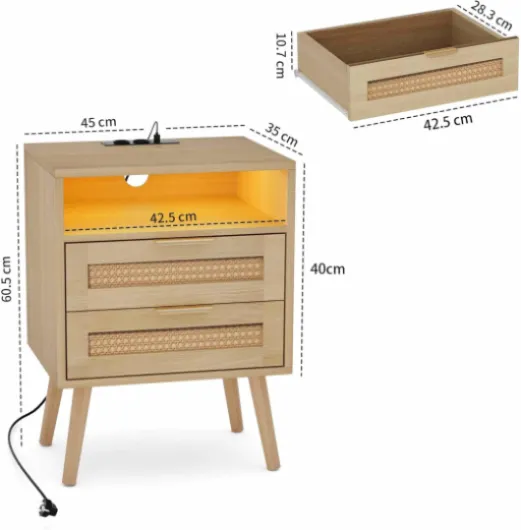 Table de Chevet Lot de 2 avec Lumière Réglable, Table de Nuit, Prise intégrée et Ports USB-A & C, Compartiment Ouvert et 2 Tiroirs en Cannage, Pieds en Bois Massif, Style Rotin Naturel 2er-Set Couleur Bois Naturel