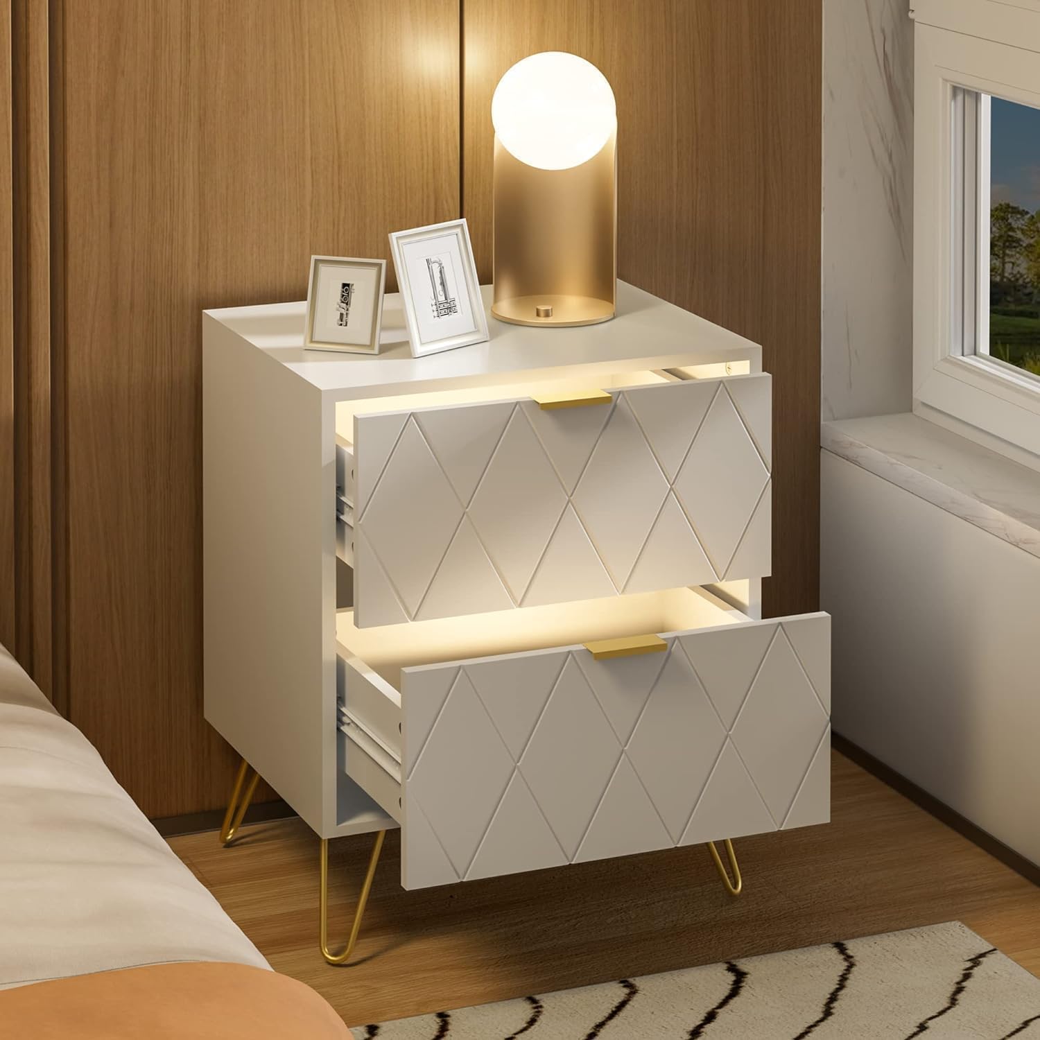Lot de 2 Tables de Nuit, Tables d’Appoint avec 2 Tiroirs, Pieds en Couleur Doré, Style Moderne, Scandinave pour Salon, Chambre, 40 x 30 x 52 cm, Blanc Blanc 2 Tiroirs