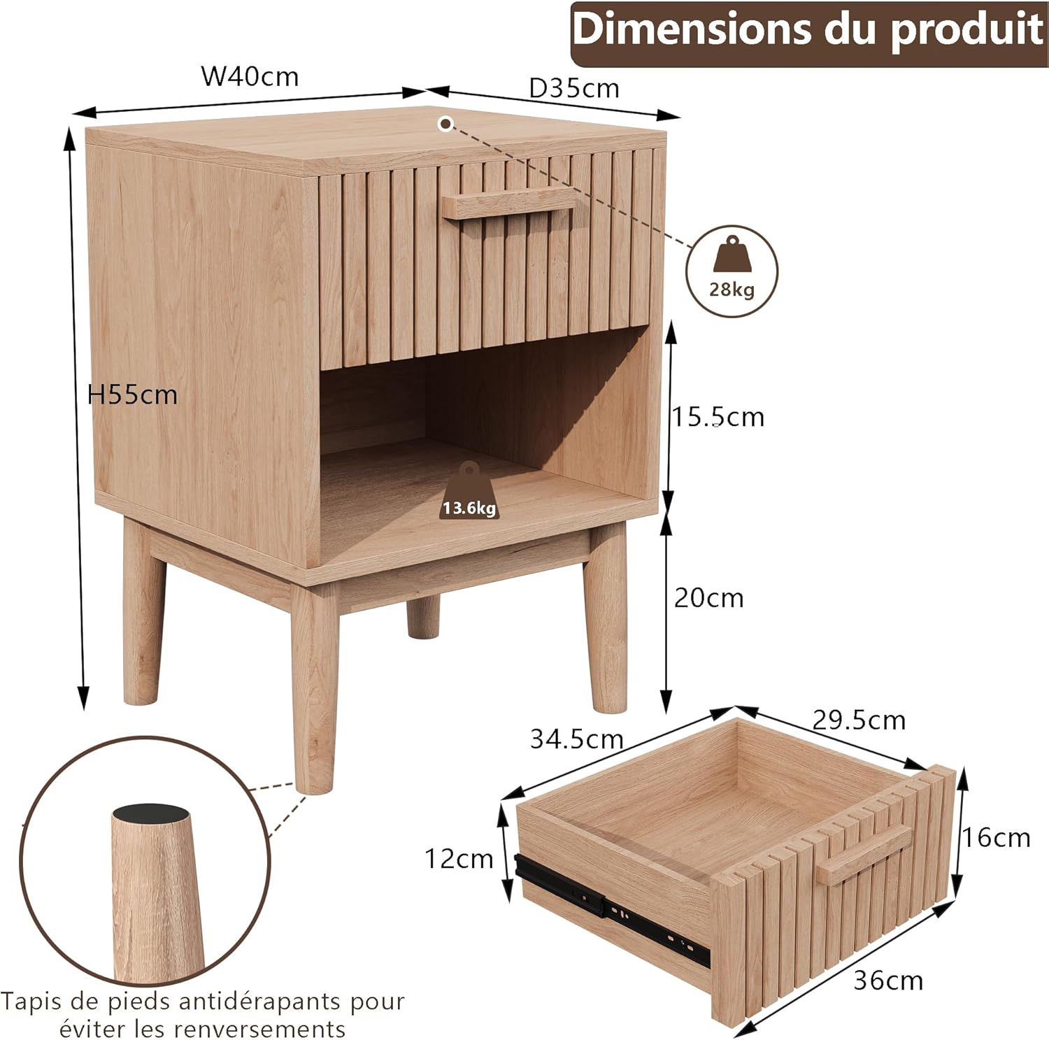 Table de Chevet Lot de 2,Table Chevet avec 1 Tiroir,Design à Lattes,Style Scandinave, Finition Chêne Naturel