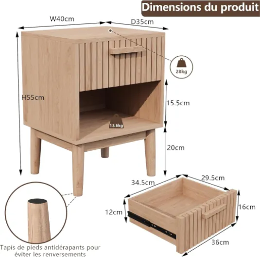 Table de Chevet Lot de 2,Table Chevet avec 1 Tiroir,Design à Lattes,Style Scandinave, Finition Chêne Naturel