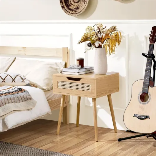 Lot de 2 Tables de Chevet Scandinave Table de Nuit en Bois Chevet de Lit Chambre Adulte Table d'Appoint 1 Tiroir en Rotin pour Salon 48,5 x 41 x 58 cm Brun Tiroir en rotin