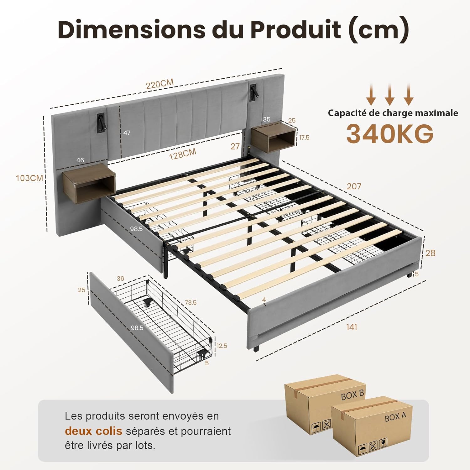 Artswish Lit Coffre Rembourré 140x200 cm avec 4 Tiroirs & Table de Chevet avec USB, Lit à Rangement avec 2 Lampes Lecture & RGB LED, Velours Gris (sans Matelas)
