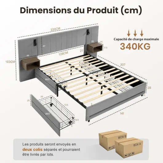 Artswish Lit Coffre Rembourré 140x200 cm avec 4 Tiroirs & Table de Chevet avec USB, Lit à Rangement avec 2 Lampes Lecture & RGB LED, Velours Gris (sans Matelas)