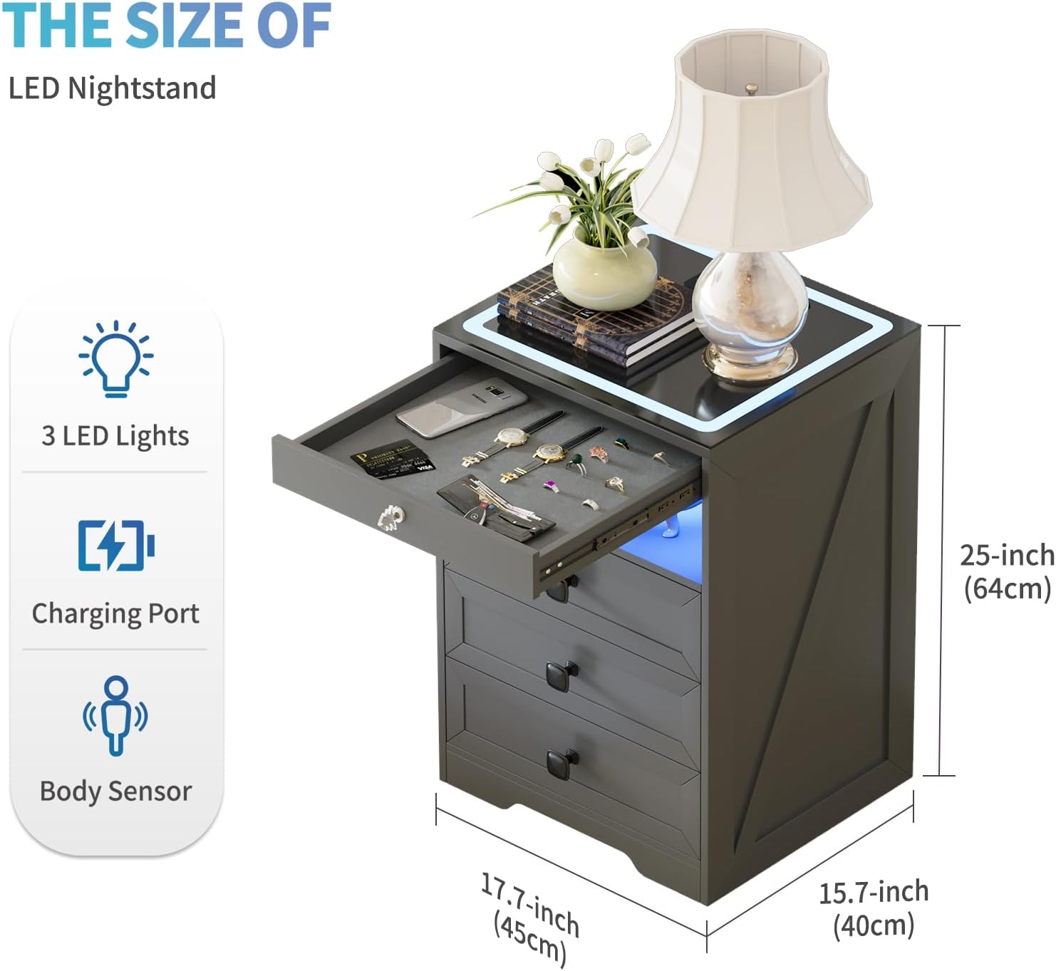 Table de Chevet Verrouillable Avec Tiroirs, Chargement par Induction USB et Sans Fil, Table de Nuit Avec 24 Lumières LED Colorées Gris
