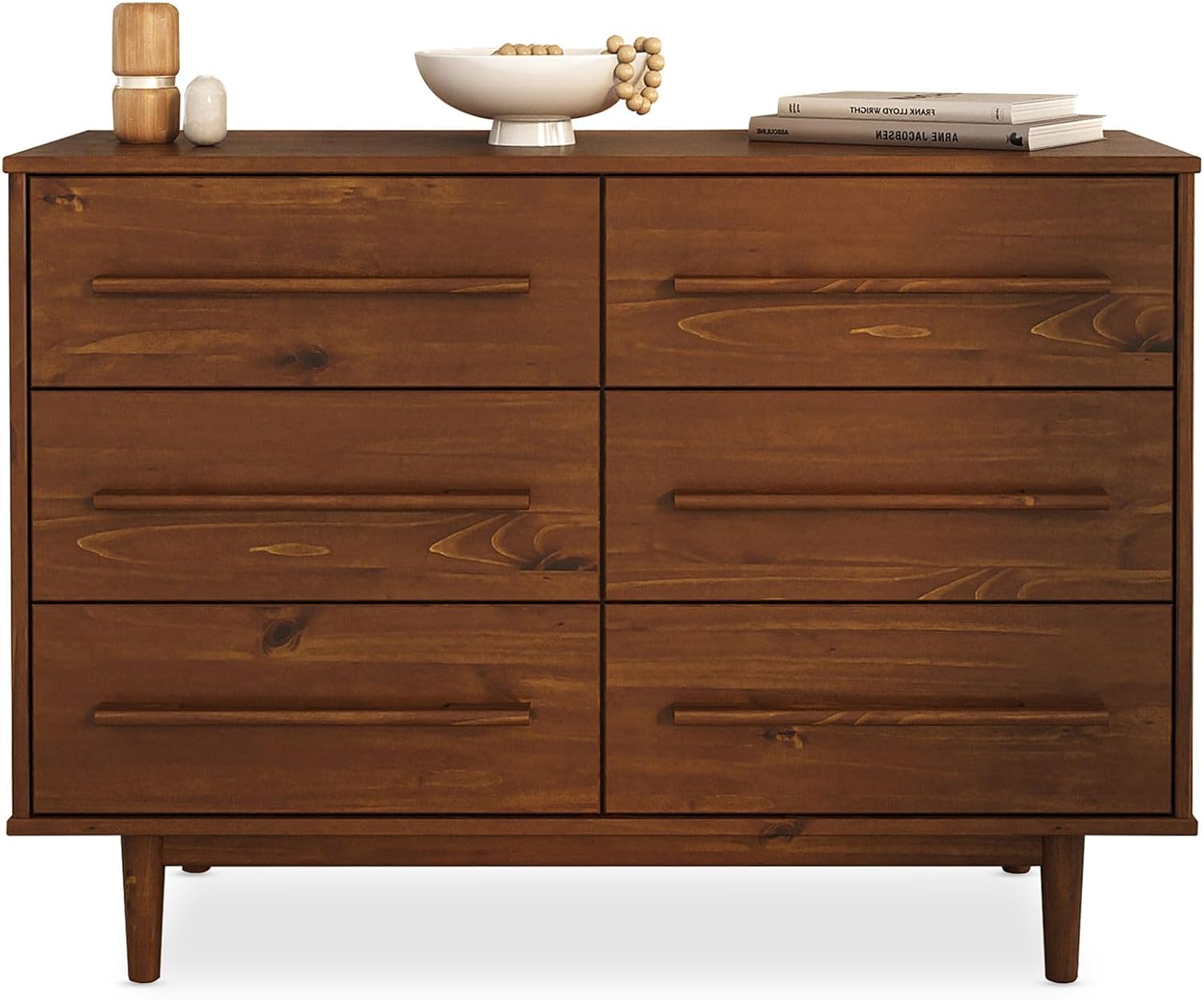 Commode TECCA L 111 cm avec 6 Tiroirs en Bois Massif Coloris Châtaignier, Meuble de Rangement pour Vêtements Design Scandinave Naturel, Tiroirs Spacieux, Poignées Noires Style Moderne Robuste