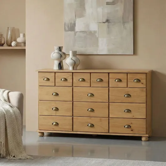 Commode Chambre Colmar L 134 cm 12 tiroirs en Bois Massif Brun chiffonnier apothicaire Rangement avec poignées en métal Teinté/Ciré