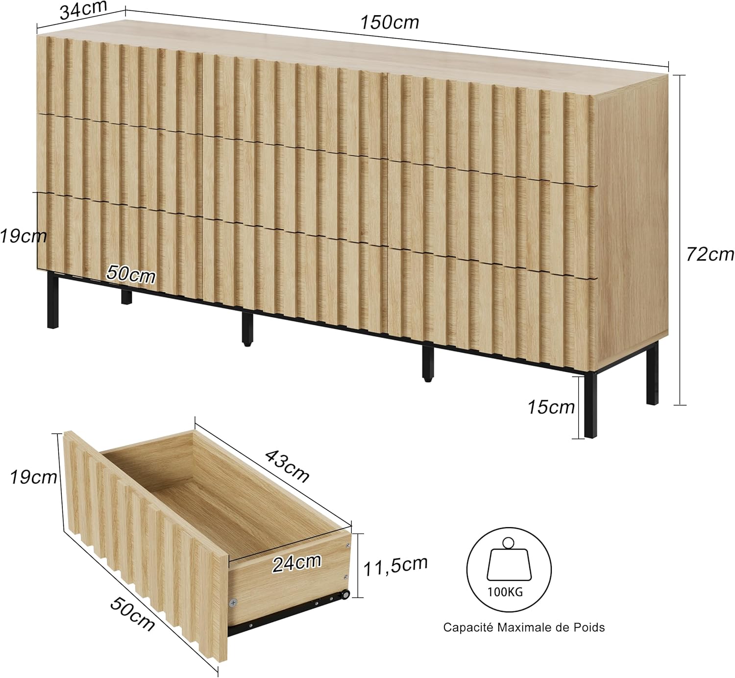 Commode à 9 tiroirs 150cm, Commode Étroite, Grand Espace de Rangement, Armoire avec Plafond Spacieux, pour Salon, Chambre à Coucher, Bureau, Motif Bois, Pieds Métal, 150 x 34 x 72 cm, Naturel 34P x 150l x 72H cm (9 Tiroirs)