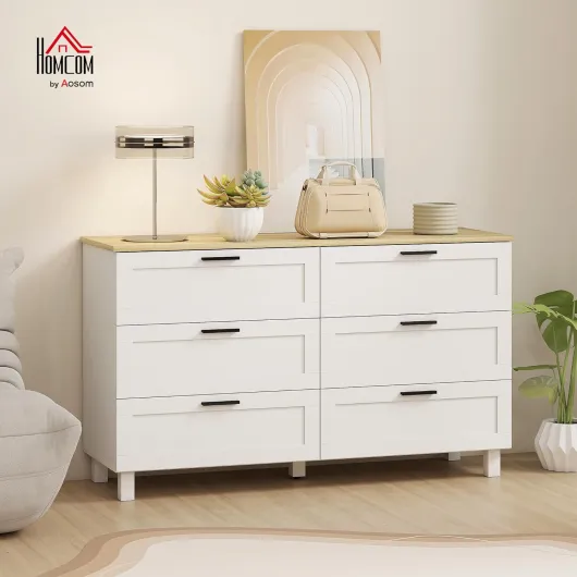 Commode 6 tiroirs, Meuble de Rangement avec Pieds en Bois de pin, Style Moderne, Commode pour Chambre à Coucher, Salon, Couloir, 120 x 38 x 71 cm, Bois Naturel et Blanc