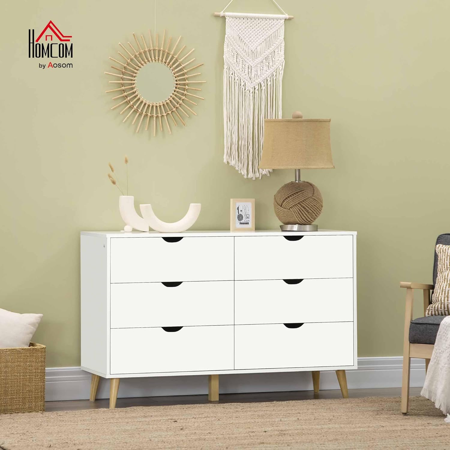 Commode 6 tiroirs Armoire avec tiroirs Meuble de Rangement Pieds en Bois Massif Style Moderne 120 x 40 x 76 cm Blanc