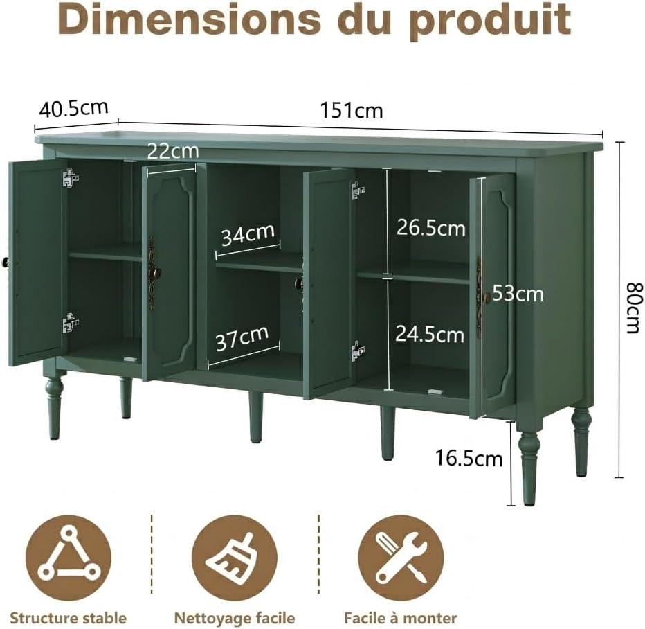 HOLTICO Meuble Buffet Vintage en Bois avec 4 Portes et Étagères Ouvertes, Meuble de Rangement Salon et Cuisine, Console pour Entrée, 151 x 40,5 x 80 cm, Vert