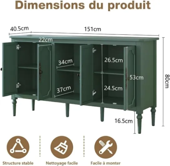 HOLTICO Meuble Buffet Vintage en Bois avec 4 Portes et Étagères Ouvertes, Meuble de Rangement Salon et Cuisine, Console pour Entrée, 151 x 40,5 x 80 cm, Vert