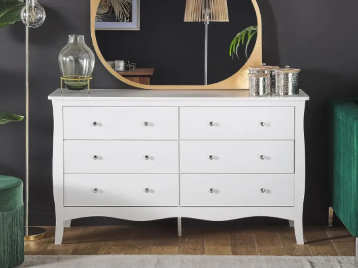 Commode Blanche avec 6 Tiroirs Spacieux Meuble de Rangement Pratique pour Chambre ou Salon au Style Vintage Traditionnel et Glamour