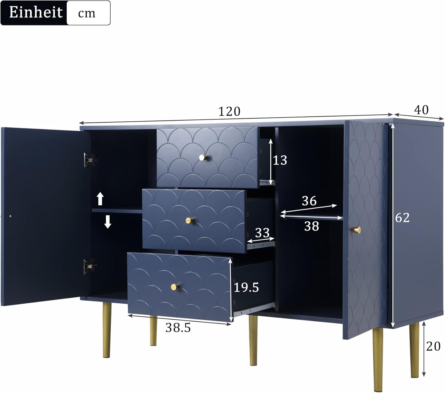 Commode à 3 tiroirs et 2 Portes, Commode avec Tiroirs, avec étagère réglable, Buffet avec Beaucoup d'espace de Rangement, pour Chambre à Coucher, Salon, Bureau, Bleu Marine, 120 x 40 x 82 cm