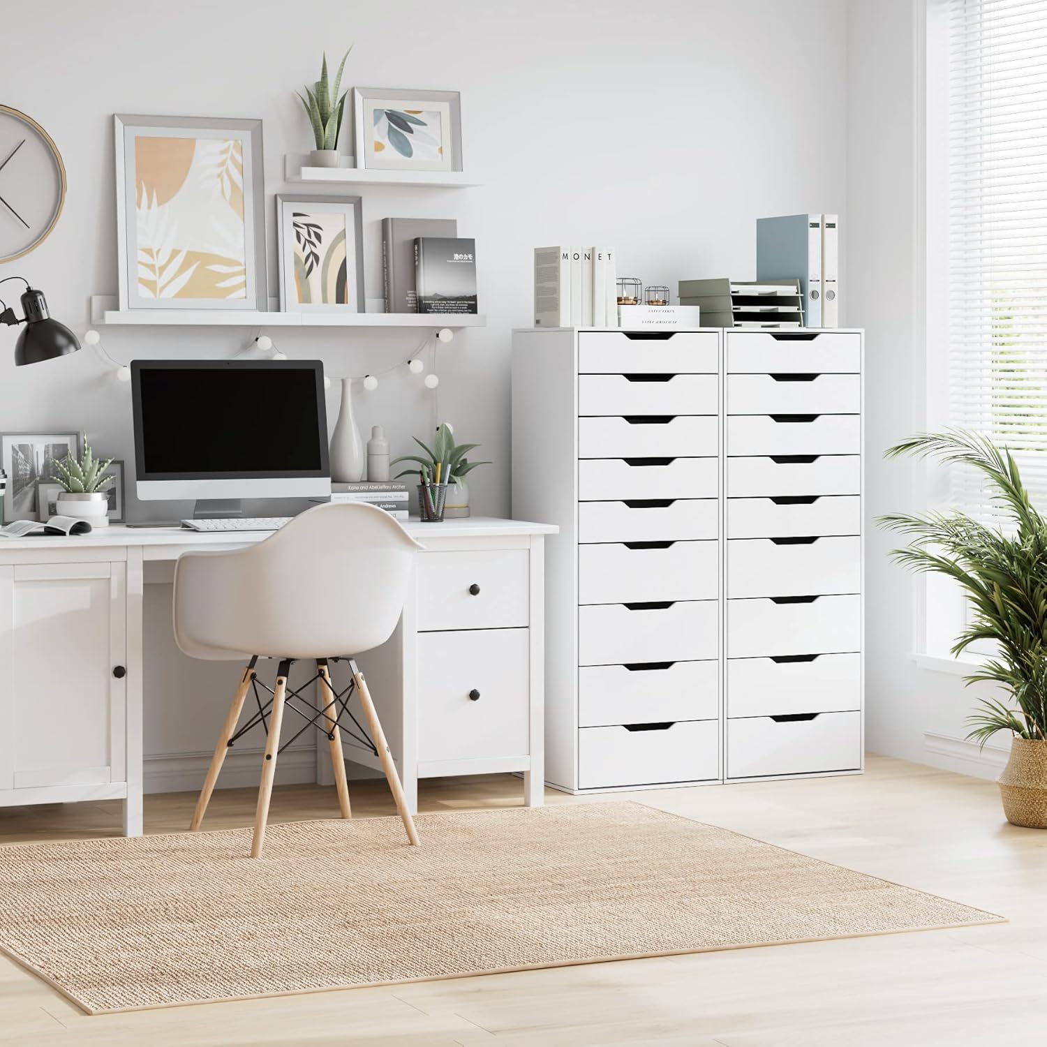 Commode 9 Tiroirs Blanc Commode 124 cm Chambre Adulte Haute Chiffonnier Meuble de Rangement pour Salon Bureau Chambre 45x40x124 cm