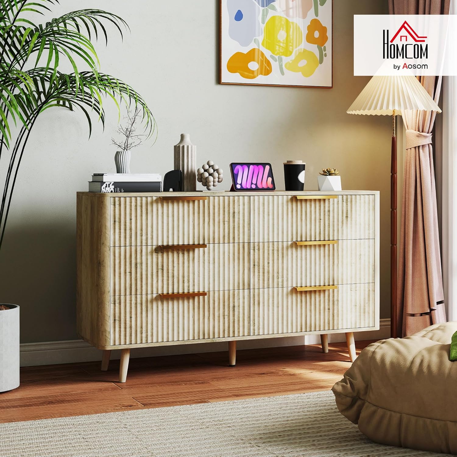 Commode 6 tiroirs Meuble de Rangement Style scandinave avec poignées et Pieds de pin, Bois Effet cannelé, Commode Chambre à Coucher, Salon, Couloir - 120 x 40 x 76 cm, chêne 40P x 120l x 76H cm (6 Tiroirs)