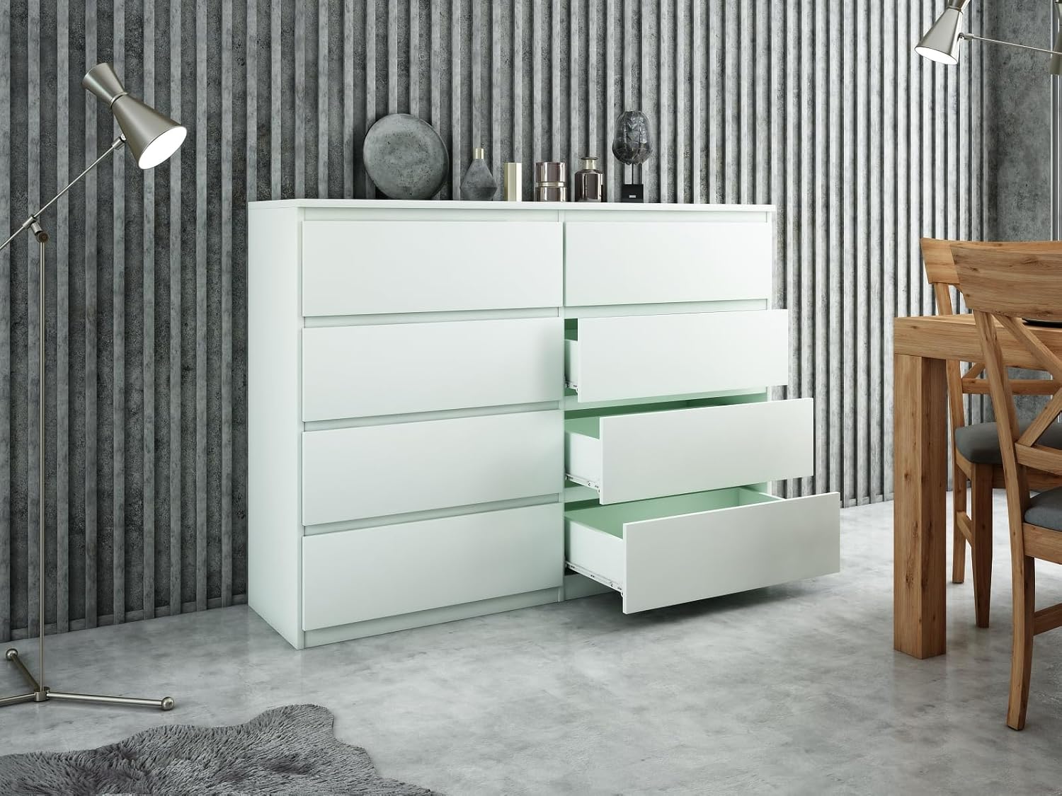 Commode 8 Tiroirs 100 cm - Blanc - Design Minimaliste - 100x39x101,5 cm - Meuble de Rangement Spacieux pour Chambre, Salon ou Bureau